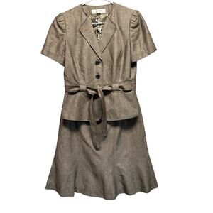Tahari Linen Blend Skirt Suit Set Short Sleeve Belted Blazer & Flared Skirt Sz 6